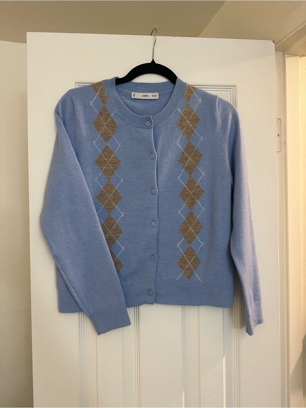 Mango Light Blue Argyle Button Cardigan with Tan Diamonds